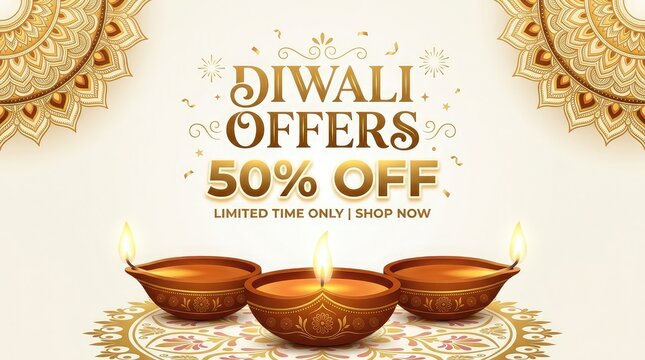 Diwali festival sale banner with golden diya lamps and decorative mandala patterns for special holiday discount offers