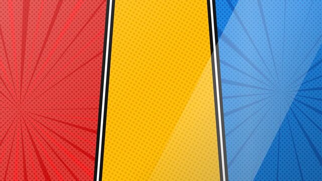 Vibrant Comic Book Style Background Featuring Three Colored Panels with Halftone Dots and Sunburst Radial Lines for Dynamic Layout Designs