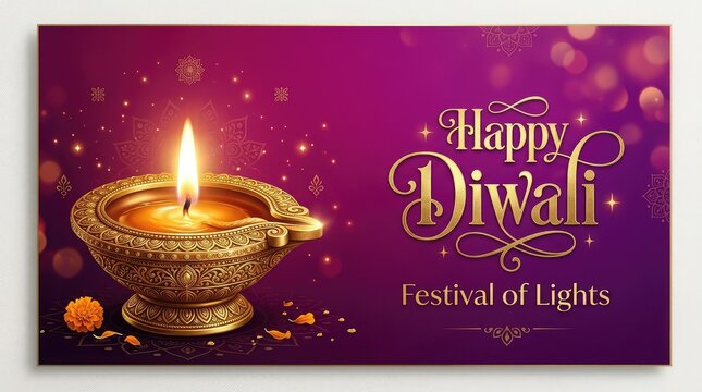 Decorative glowing oil lamp diya on a purple background for the traditional indian festival of lights diwali