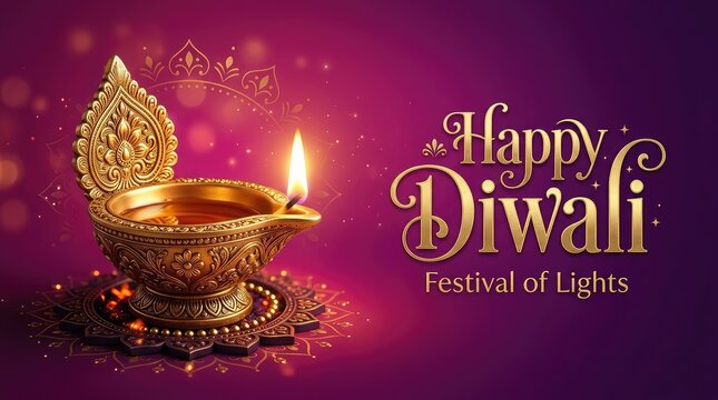 Beautiful decorative golden oil lamp glowing on a purple background for the indian festival of lights diwali