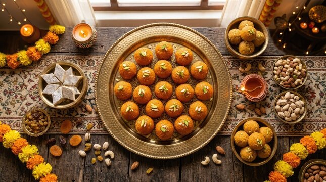 Top view of traditional indian sweets laddu arranged on a decorative brass plate for diwali festival celebration