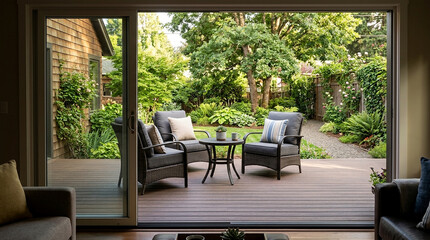 Fototapeta premium Cozy backyard patio with outdoor seating and lush garden view