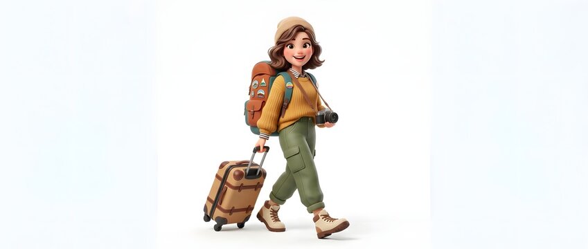 Animated character traveling with luggage and camera