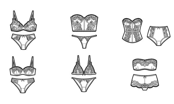 Bridal Lingerie Lace Collection Set Flat Line Art Illustration Six Matching Sets Fashion Technical Sketch