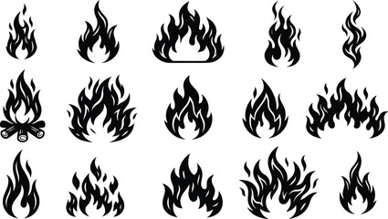 Fototapeta premium Set of black fire and flame silhouettes including campfire and burning tree vector illustration