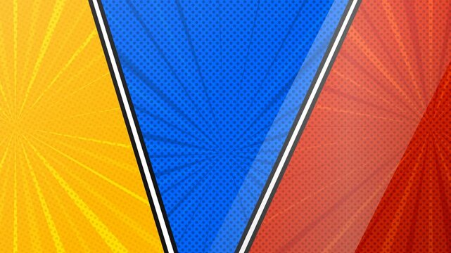 Comic book style background with yellow, blue, and red diagonal panels featuring pop art halftone and radial speed lines
