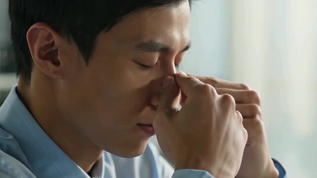 Exhausted Asian Businessman Rubbing Bridge of Nose with Closed Eyes due to Stress and Eye Strain in Modern Office Workspace with Natural Light.