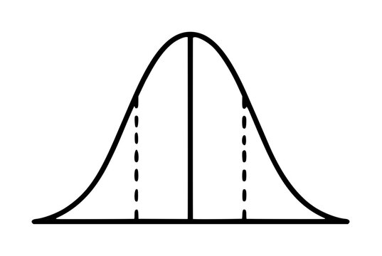 Hand-traced bell curve vector icon illustrating normal distribution with solid central peak axis and dashed standard deviation side lines in minimalist black outline graphic style