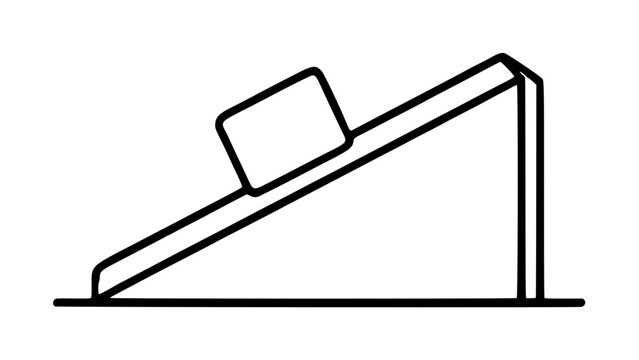 Hand-traced vector illustration of an inclined plane physics concept showing a rectangular block sliding down a tilted ramp supported by a vertical pillar above flat ground in minimalist line art