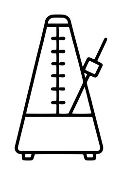 Hand drawn metronome vector icon illustration in minimalist black outline style, musical tempo marking tool with swinging pendulum arm, perfect for music education and timing graphics