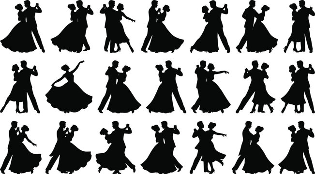 Elegant ballroom dancing couple silhouettes, waltz and partner dance vector illustration design