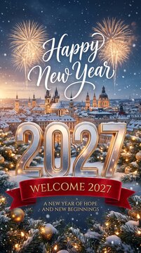 New year 2027 greeting card with fireworks over a winter town and fir tree branches