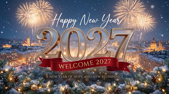 New year 2027 greeting card with fireworks over a winter town and fir tree branches
