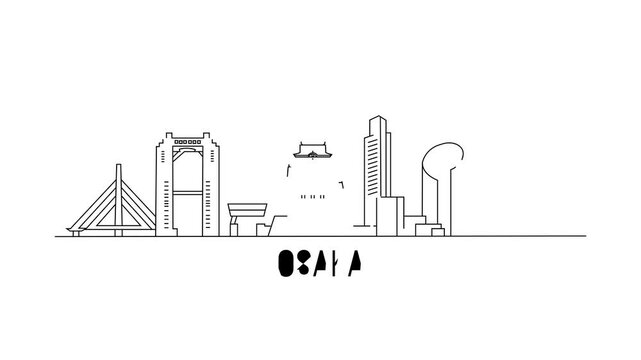 Simple line art shows Osaka's skyline