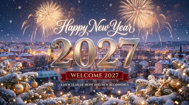 New year 2027 greeting card with fireworks over a winter town and fir tree branches