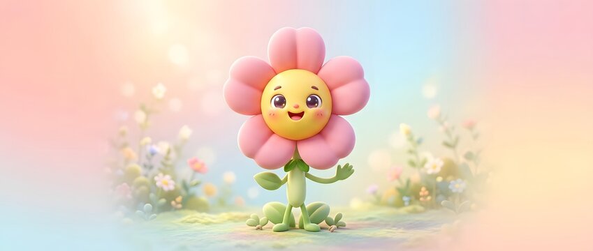 Cute cartoon flower character smiling outdoors with pastel background