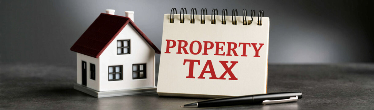 Property Tax Notice: A miniature house model stands beside a notepad with Property Tax boldly written, symbolizing financial responsibility and homeownership costs.