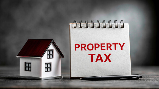 Property Tax Concept: A miniature house model stands beside a notepad displaying PROPERTY TAX, symbolizing the financial obligations associated with homeownership.