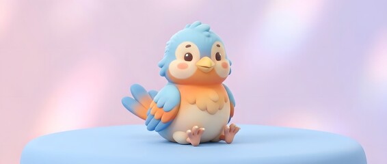 Fototapeta premium Cute cartoon bird figurine with blue and orange feathers sitting on a soft surface