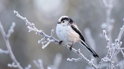 Long-tailed tit perched on a frosty branch. Small bird in winter nature photography. © Rimon