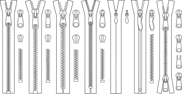 Zipper technical flat sketch set, vector illustration collection for apparel design tech pack
