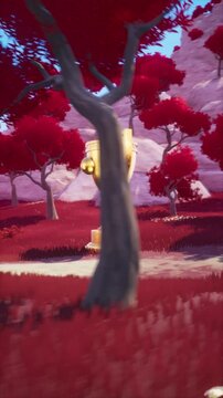 Camera Orbiting Golden Trophy Cup in Red Forest Fantasy Landscape