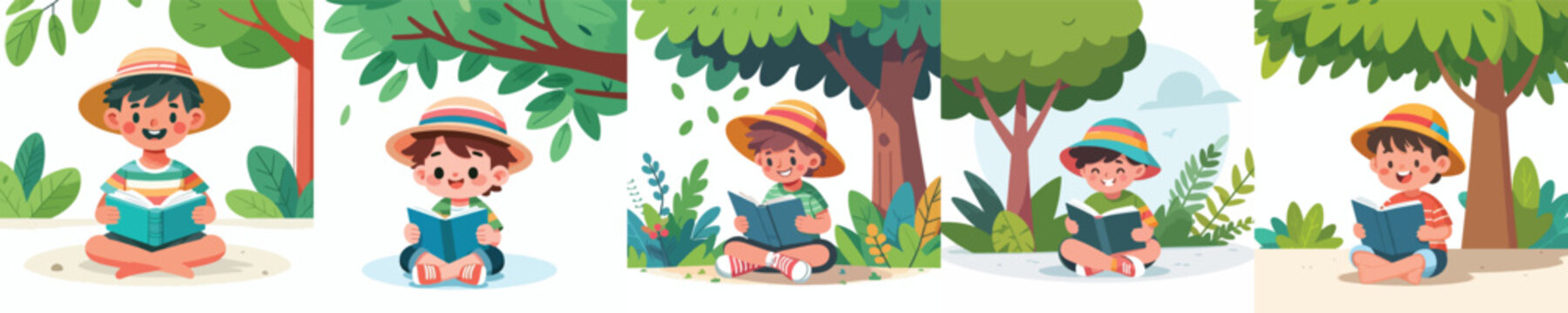 Flat vector illustration of a little boy sitting under a tree reading a book in summer