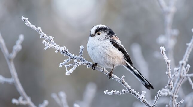 Long-tailed tit perched on a frosty branch. Small bird in winter nature photography.