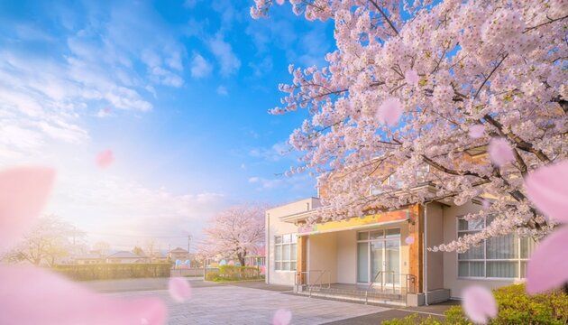 満開の桜に彩られた幼稚園・保育園の春風景と青空