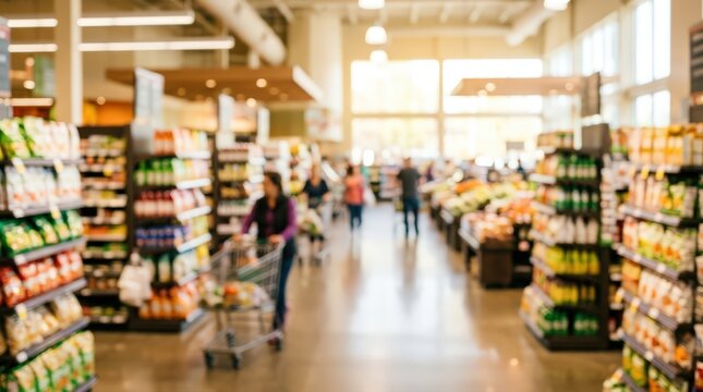Blurred supermarket interior grocery store aisle shopping mall background retail business lifestyle consumerism bokeh light department store