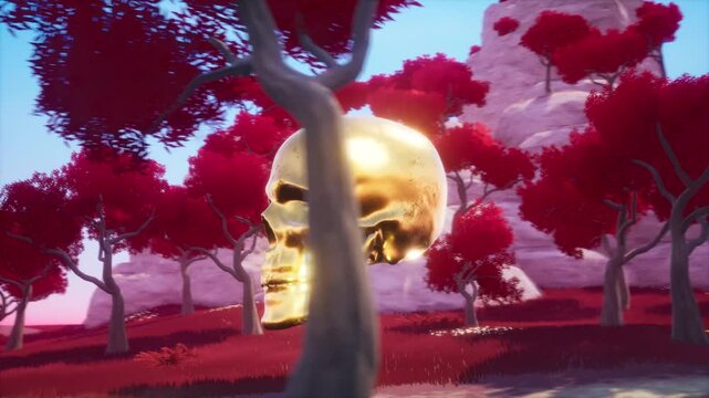 360 Rotating View of Floating Gold Skull in Red Foliage World Game Asset