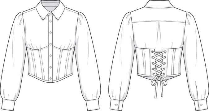 Womens corset waist button down blouse fashion flat sketch vector illustration