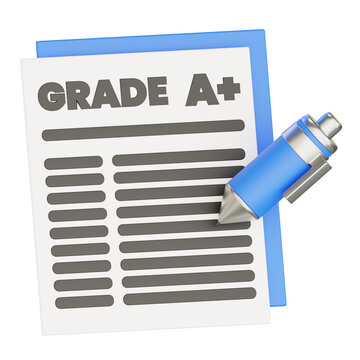 3D rendering grade A plus exam paper icon for education