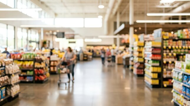 blurred supermarket interior grocery store aisle bokeh background retail shopping market commerce consumerism