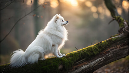 Obraz premium Fluffy white dog sitting on a mossy log. Cute Japanese Spitz portrait in a forest.