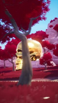 Camera Orbiting Golden Skull Floating in Red Forest Fantasy Landscape