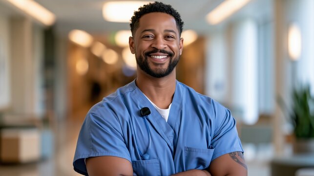 National Psychiatric Technician Appreciation Day: a smiling psychiatric technician in scrubs wearing a hospital badge, standing in a bright hospital corridor