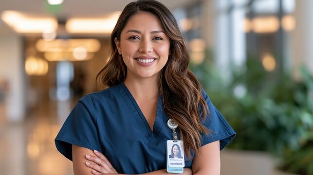 National Psychiatric Technician Appreciation Day: close-up portrait of a smiling psychiatric technician in scrubs wearing a hospital badge, standing in a bright hospital corridor