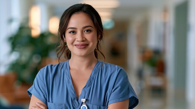 National Psychiatric Technician Appreciation Day: close-up portrait of a smiling psychiatric technician in scrubs wearing a hospital badge, standing in a bright hospital corridor