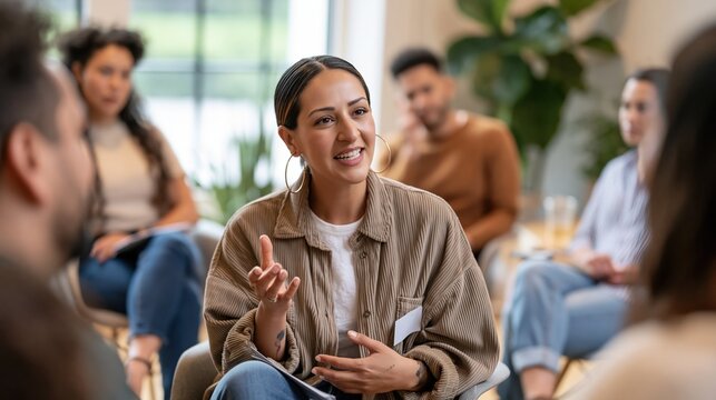 National Psychiatric Technician Appreciation Day: a psychiatric technician facilitating a small group therapy circle, diverse group of patients seated in chairs, encouraging gesture