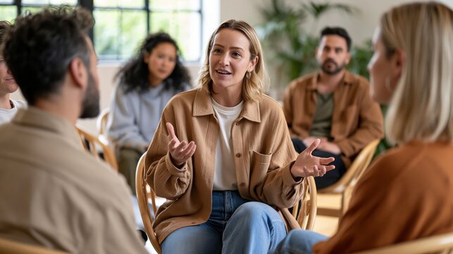 National Psychiatric Technician Appreciation Day: a psychiatric technician facilitating a small group therapy circle, diverse group of patients seated in chairs, encouraging gesture