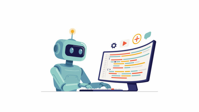 Artificial intelligence robot developer coding program script on computer screen illustration