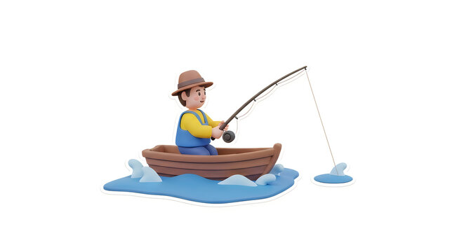 Little boy sitting in a small wooden boat fishing with a rod on the blue water