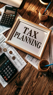 Tax Planning Essentials: A detailed overhead shot showcases the essential elements of tax planning, including calculators, coins, documents, and a framed sign that reads TAX PLANNING.