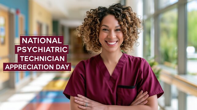 National Psychiatric Technician Appreciation Day: wide banner, smiling psychiatric technician standing confidently in a bright hospital corridor,text "National Psychiatric Technician Appreciation Day"
