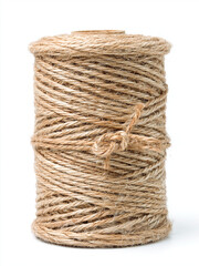 Obraz premium Spool of Natural Twine: A tightly wound spool of rustic natural twine, secured with a simple knot, showcases the raw texture and earthy tones of hemp fiber.