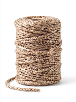 Rustic Jute Twine Roll: A textured coil of natural brown fiber rope stands upright, showcasing intricate weaving and organic craft material detail for creative projects.