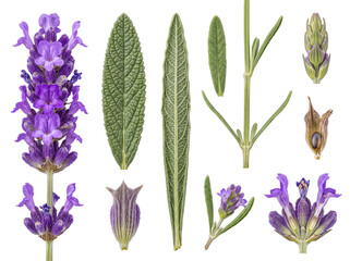 Detailed botanical photograph showcasing the complete anatomy of a lavender plant, including flower spikes, leaves. © Dale