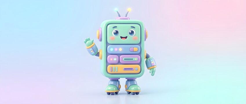 Cute friendly robot character waving hello with cheerful expression