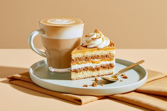 latte with caramel cake slice, warm tones, soft shadows, editorial styling